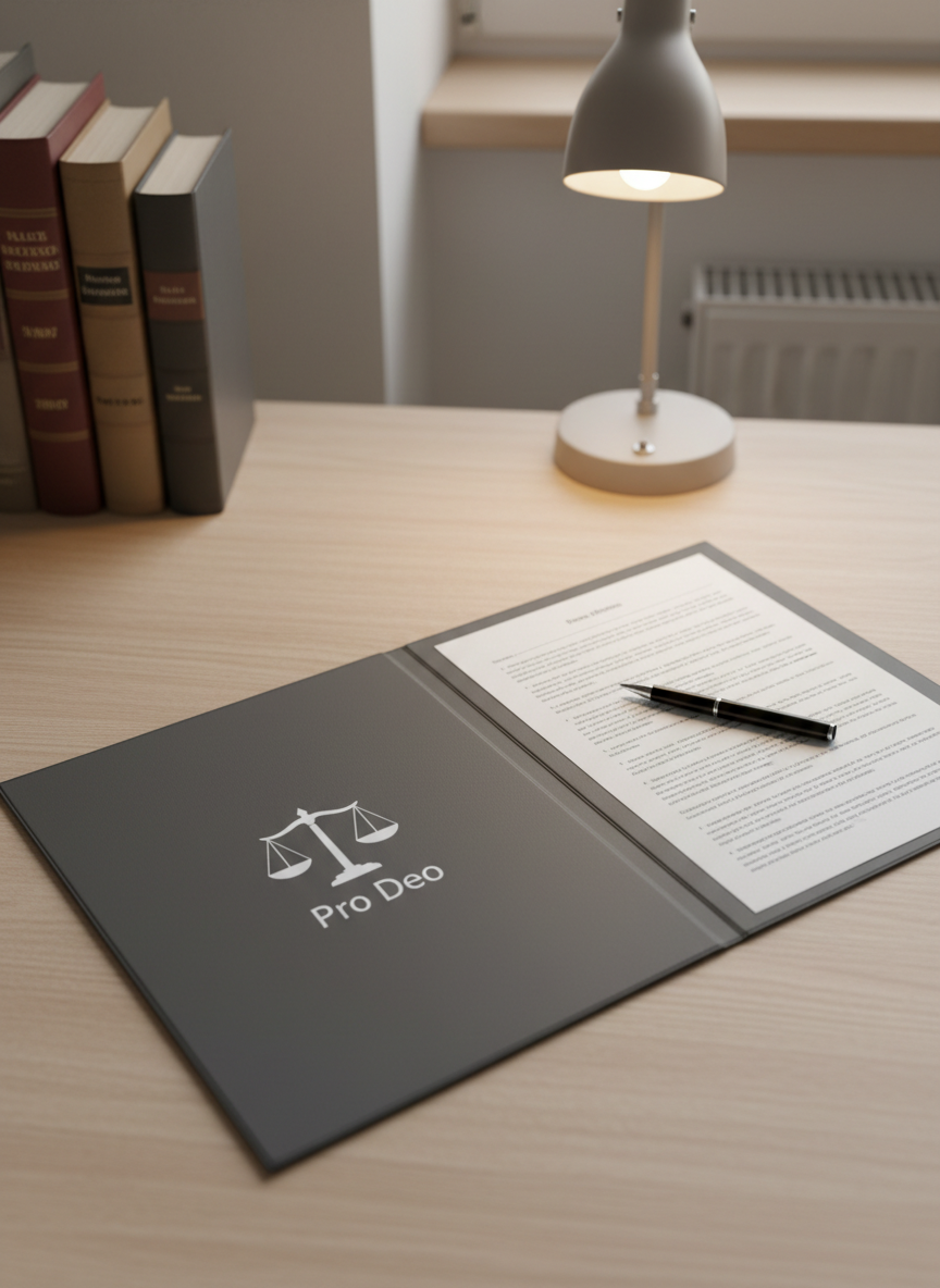 A neatly arranged pro deo legal assistance setup: a simple, unbranded dark gray folder embossed with a discreet white icon of balanced scales and the words “Pro Deo” in clean typography, lying open on a pale wooden desk. Inside are neatly aligned, uncluttered forms with visible but unreadable lines of text, alongside a basic black ballpoint pen. In the background, a modest stack of legal handbooks with worn but tidy spines rests beside a small, unassuming desk lamp. The lamp casts warm, soft light that blends with gentle daylight, producing a welcoming yet professional mood. Photographic realism, shot from a slightly elevated angle, emphasizes accessibility, support, and dignity.