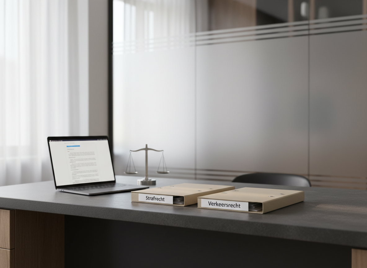 An elegant, contemporary legal workspace featuring a large charcoal-gray desk with organized folders labeled “Strafrecht” and “Verkeersrecht” in clear white text, placed neatly beside a slim, open laptop displaying a blurred legal document. A small, understated metal icon of the scales of justice rests near the folders. Behind, a frosted glass wall with subtle vertical lines suggests privacy and discretion. Natural daylight enters from the left, gently diffused, creating soft gradients on the surfaces. Photographic realism, shot from a slightly elevated angle with moderate depth of field, creates a clean, focused, and professional atmosphere that reflects meticulous preparation and reliability.