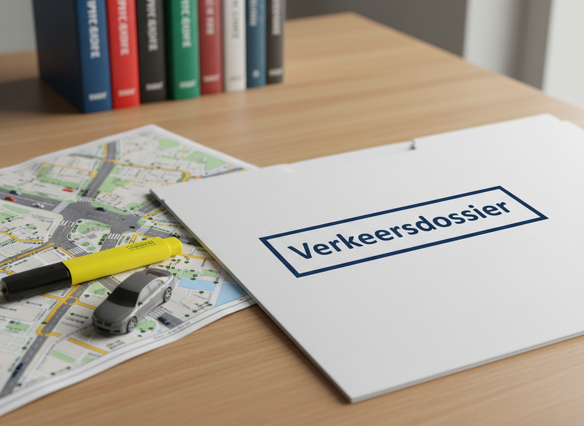 A detailed view of a traffic law case file: a crisp, white folder stamped with a bold, dark blue label reading “Verkeersdossier” in Dutch, lying on a smooth, light oak desk. Next to it, a neatly folded printed map of a city intersection, a yellow highlighter, and a small model of a metallic gray car provide context. In the background, slightly blurred, stands a row of traffic code books with colored spine markers. Soft, natural daylight from the right creates subtle shadows and realistic textures. Photographic realism, eye-level composition with shallow depth of field, communicates precision, focus, and specialized expertise in traffic law matters.