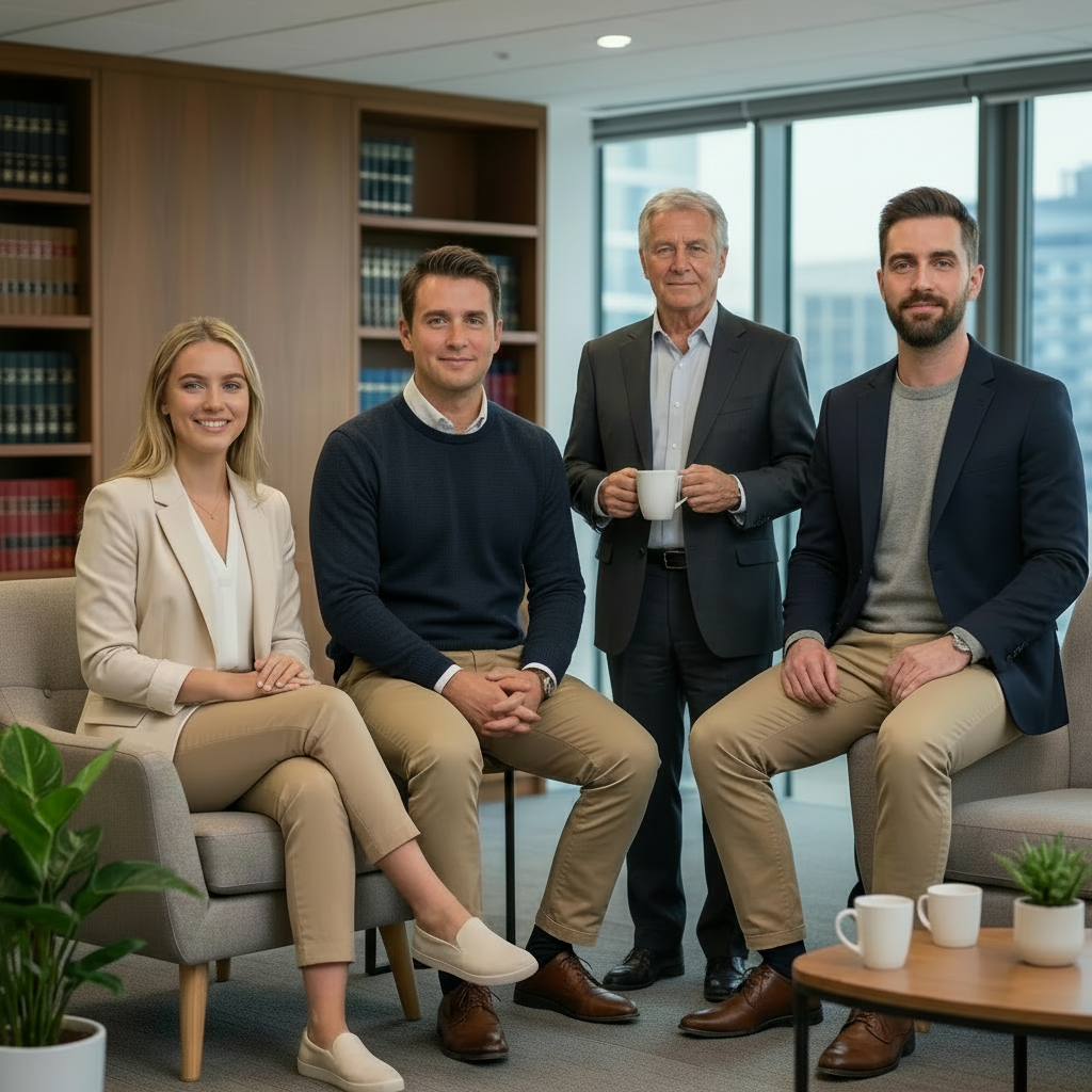 Four diverse legal professionals standing in front of a Lex Trust Advocaten sign.